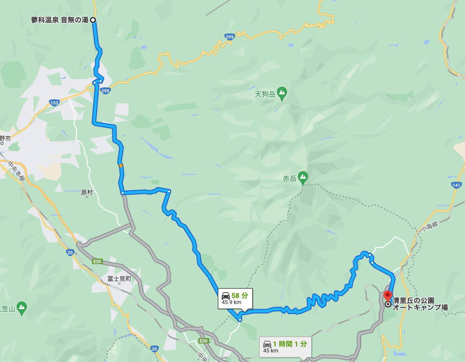 音無の湯から清里丘の公園オートキャンプ場map