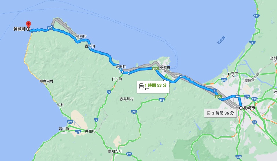 札幌から神威岬へのMAP